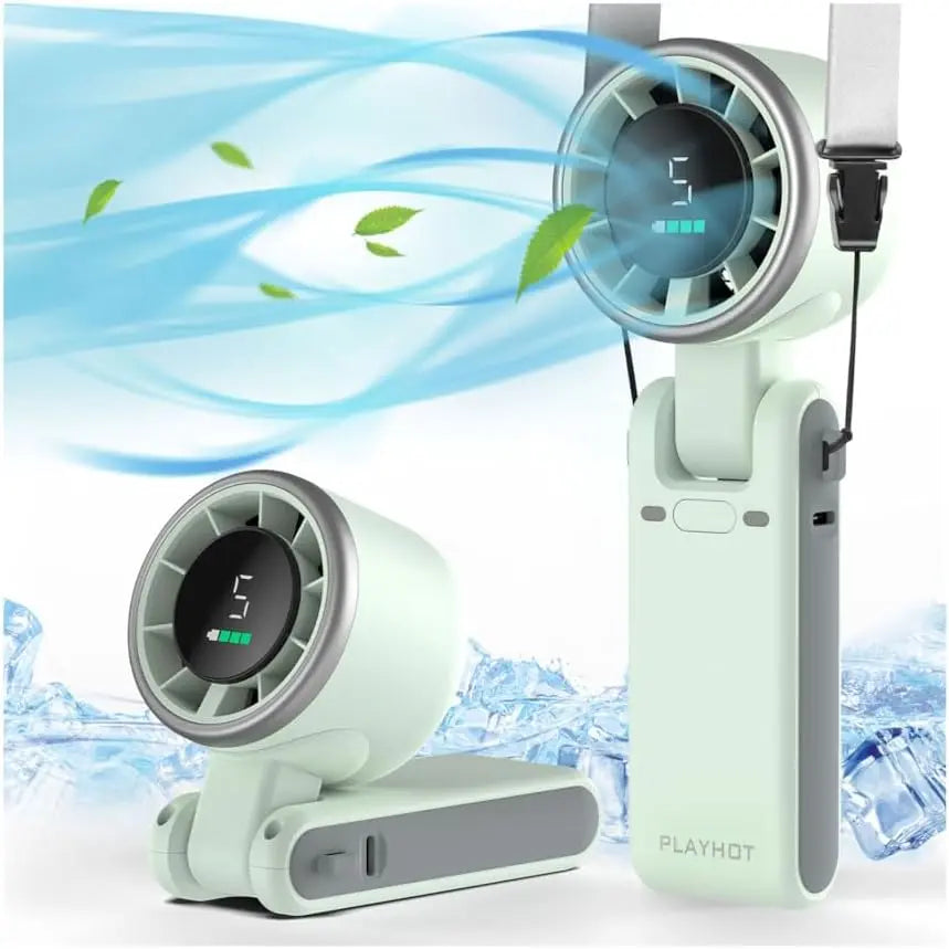 Portable fan with digital display on a white background